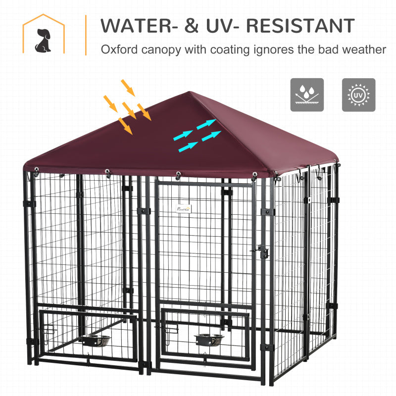 5'x5'x5' Dog Kennel Outdoor, Walk-In Pet Playpen with Rotating Water Bowls, Welded Wire Steel Fence, Water- and UV-Resistant Canopy, Synthetic Fiber Material, Black and Red