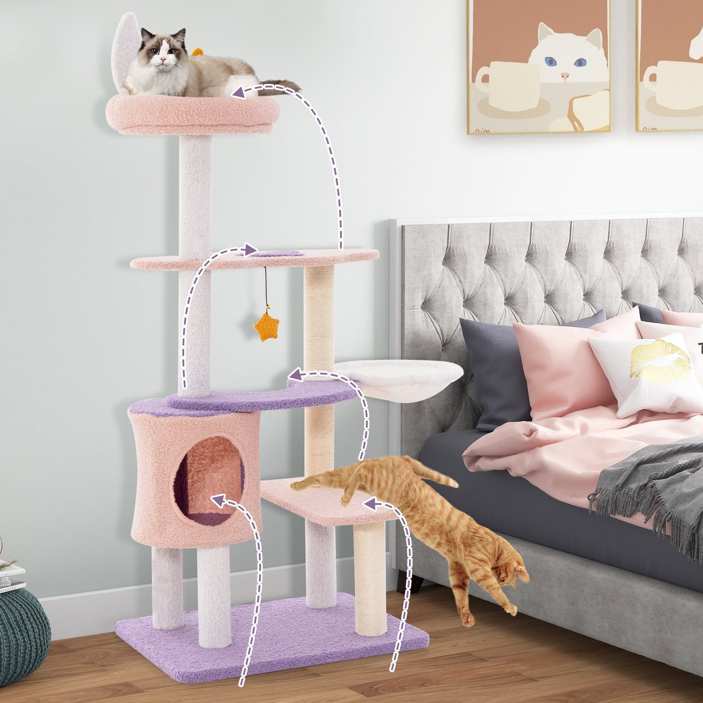 Cute Cat Tree for Indoor Cats, Multi-level Cat Tower w/ Sisal Covered Scratching Posts, Condo, Moon Star Plush Perch, Hammock, Cloud Platforms, Dangling Toys, Kitty Play House Activity Center