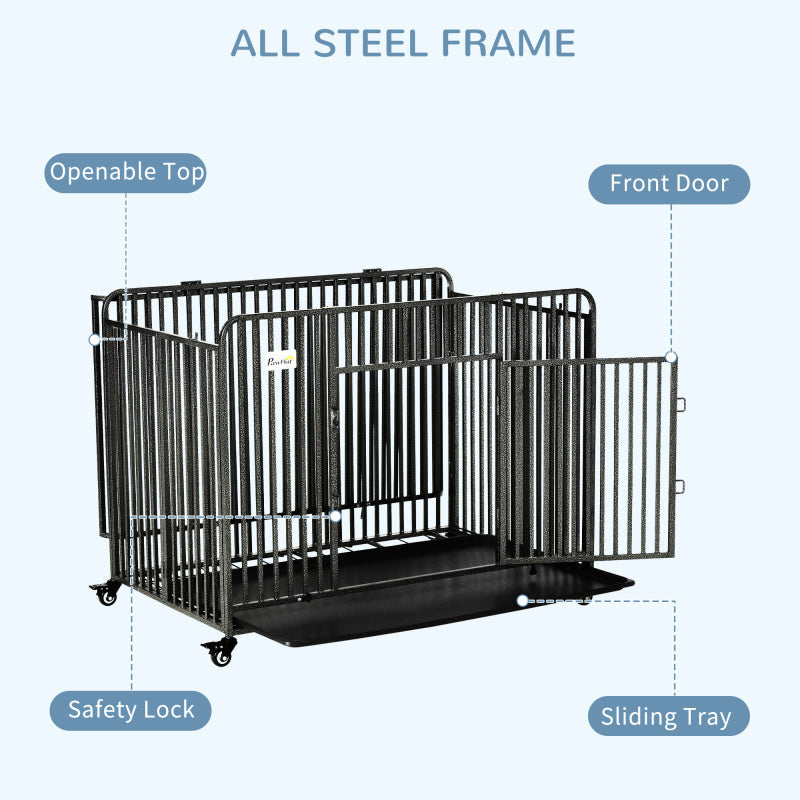 Foldable Heavy Duty Dog Cage with Wheels, Removable Tray, Synthetic Fiber Material, for Large and Medium Dogs - 43 Inches