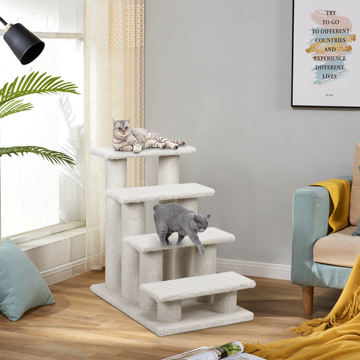 4-Step Pet Stairs for Cats and Dogs, Carpeted Cat Scratching Post Pet Ramp, 24" Indoor Multi-Step Dog Stairs for High Beds, Couch and Sofa, Easy Assembly, Grayish White