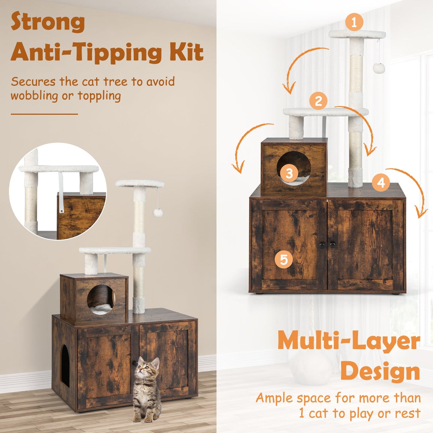 Cat Litter Box Enclosure for Indoors, Enlarged Cat Litter Cabinet with Sisal Scratching Post, Condo & 2 Platforms, Hidden Cat Washroom Furniture with Anti-Tipping Kits, Plush Bell Ball & Divider