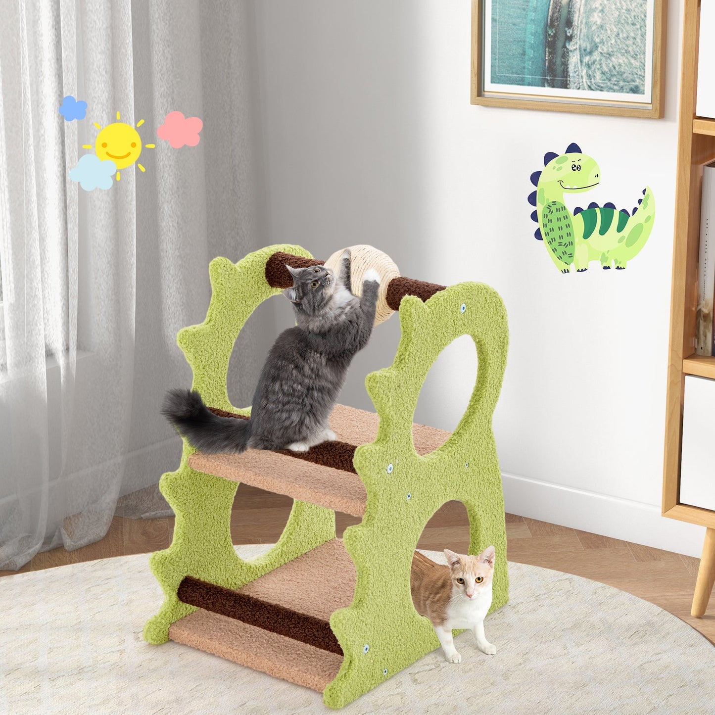 2-Tier Modern Cat Tree for Indoor Cats, Cute Dinosaur-Shaped Cat Tower w/ Rotatable Sisal Scratching Ball, Soft Plush Fabric, Cat Climbing Stand, Activity Center for Kitten & Adult Cat