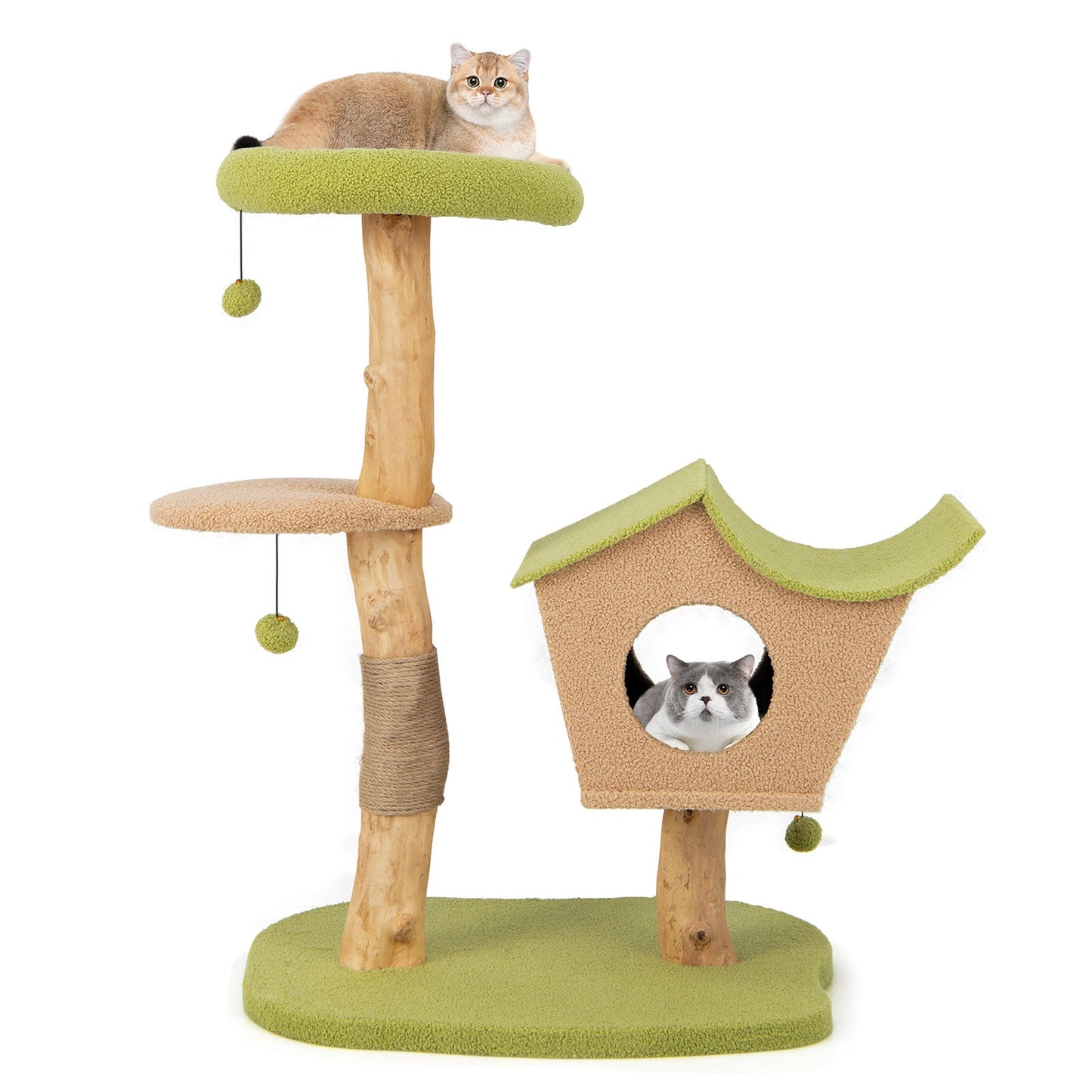 Solid Wood Cat Tree, 43" Tall Wooden Cat Tower with Jute Scratching Post, Cat Condo, Perch, Jingling Ball, Multi-Layer Cat Activity Center, Modern Cat Climbing Stand Furniture for Indoor Cats