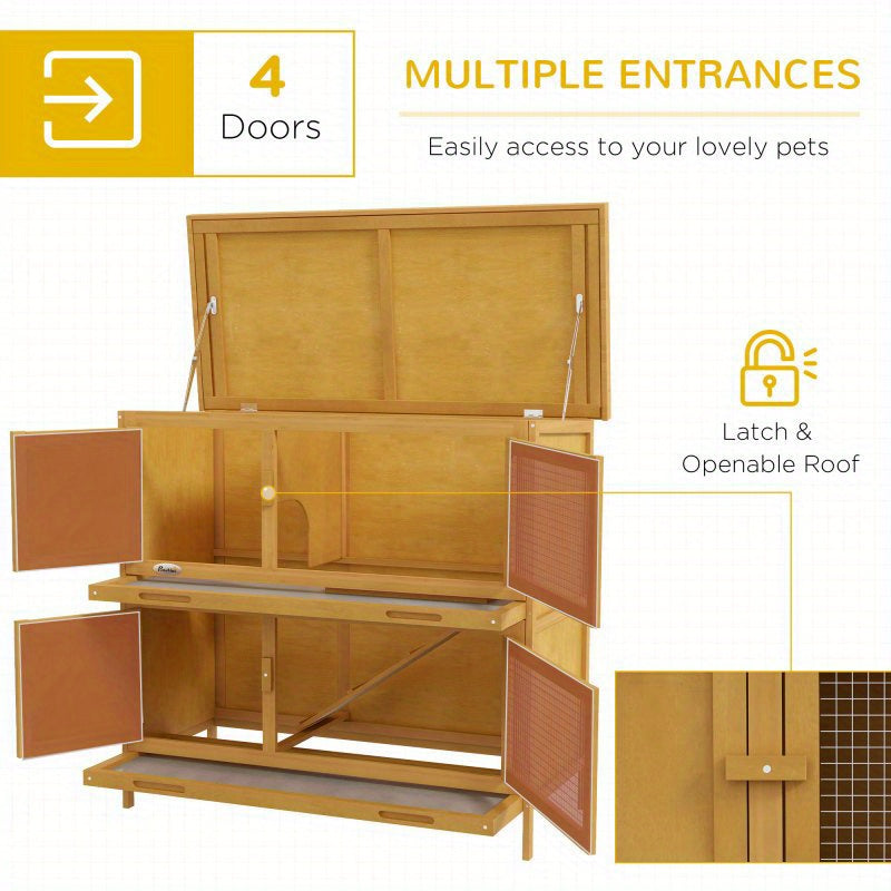 Wooden Bunny Rabbit Hutch, Small Animal Habitat with Ramp, Removable Tray, Weatherproof Roof, Indoor/Outdoor Use, Synthetic Fiber Material, Yellow