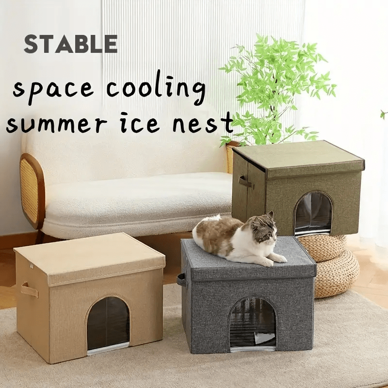 A foldable polyester cat bed with cooling ice pack - assembled, portable pet house that provides cats with a comfortable and cool summer sleeping environment year-round (stable structure, no collapse when lying down)