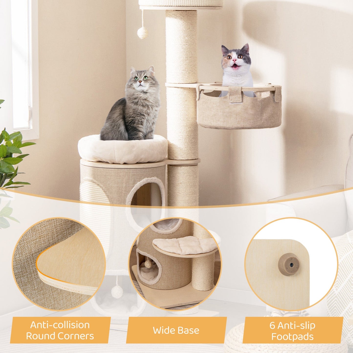 61" Cat Tree for Indoor Cats, Tall Multi-level Cat Tower w/ 2-stoery Condo, Top Perch, Sisal Scratching Posts, Sisal Carpet, Hammock, Dangling Balls, Removable Bed, Modern Kitty Play Center