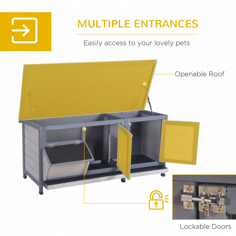 Gray Wooden Rabbit Hutch with Waterproof Roof, Leak-Proof Tray & Feeding Station - Indoor/Outdoor Bunny Cage for Guinea Pigs and Small Pets