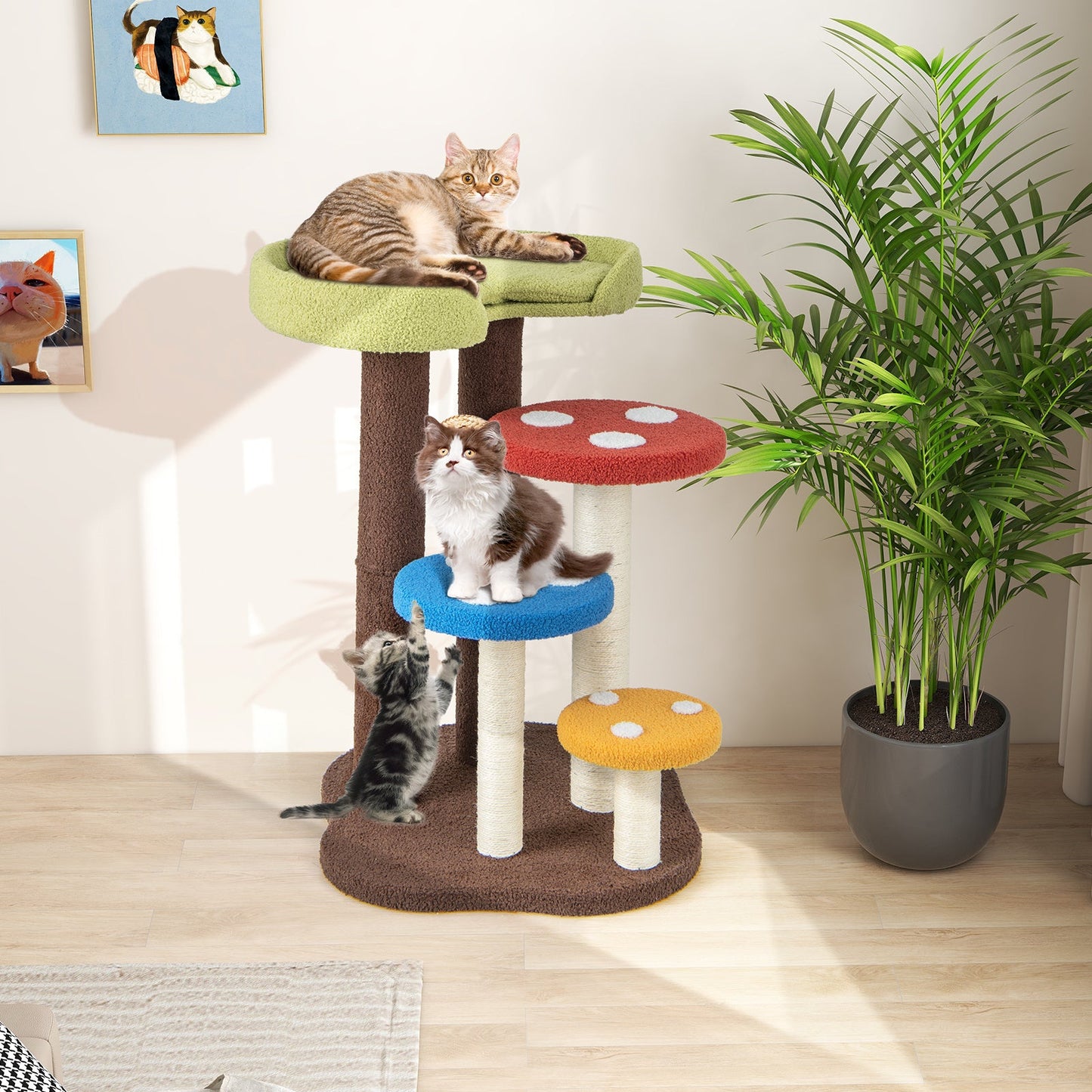 3-In-1 Cat Tree, 5-Tier Cat Tower with 3 Full-Wrapped Sisal Posts, Removable Mat & Platforms, Mushroom Kitten Activity Center, Multi-Layer Cat Furniture for Indoor Cats