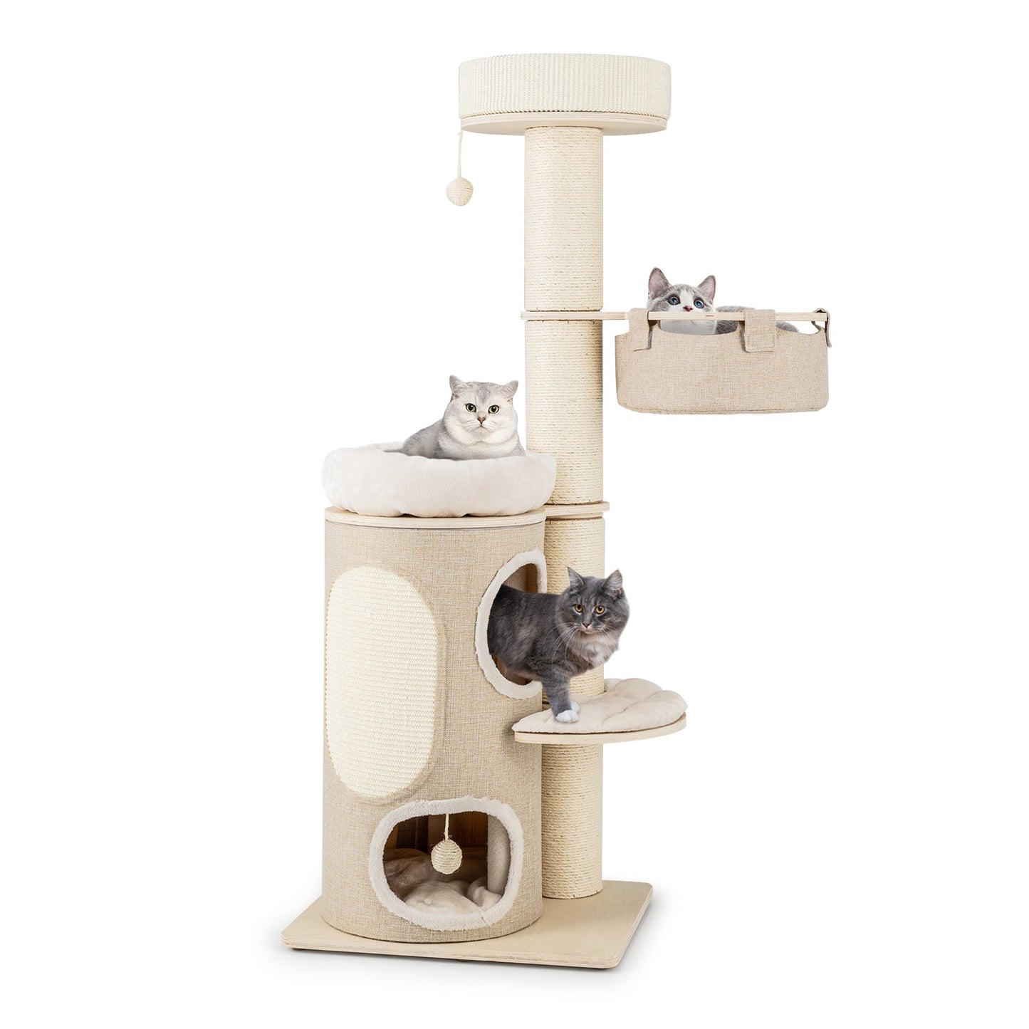 61" Cat Tree for Indoor Cats, Tall Multi-level Cat Tower w/ 2-stoery Condo, Top Perch, Sisal Scratching Posts, Sisal Carpet, Hammock, Dangling Balls, Removable Bed, Modern Kitty Play Center