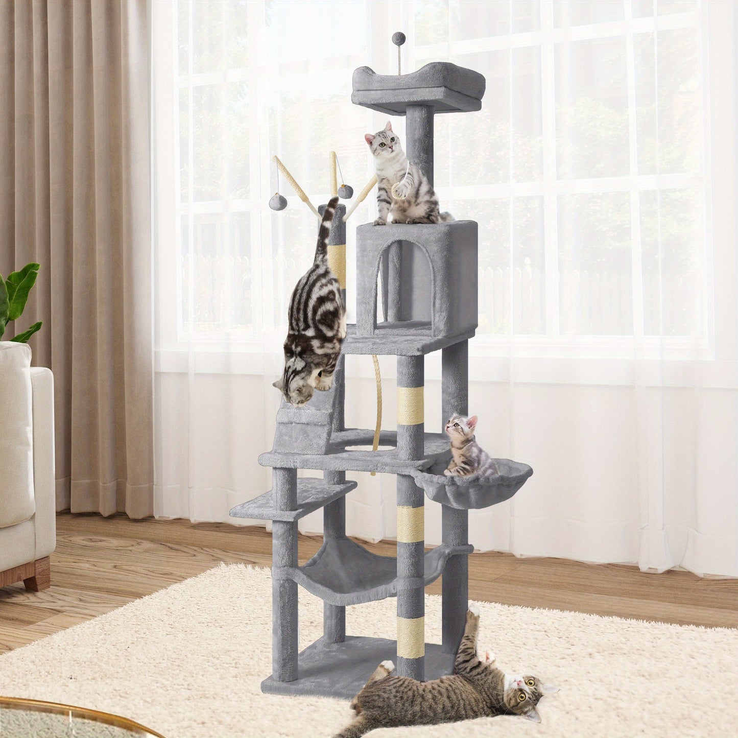 64. 5" Cat Tree, Multi- Level Cat House, Large Cat Condo Furniture with Perch Hammock, Scratching Posts and Dangling Balls for Kittens, Cats and Pets