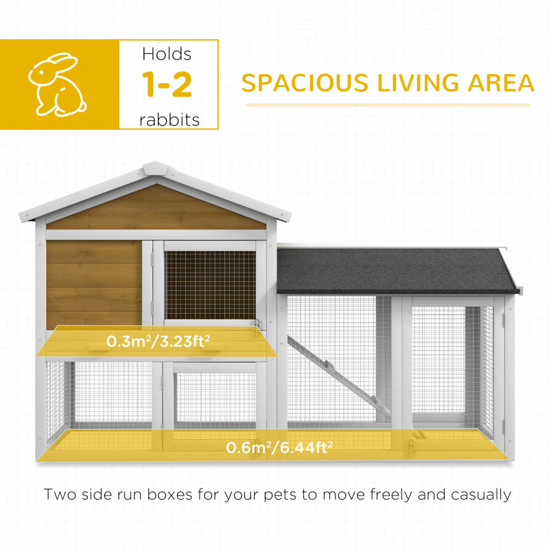 Wooden Rabbit Hutch with Asphalt Roof, 58" Small Animal Enclosure, Guinea Pig Cage with Lockable Doors, Removable Tray, and Run Area, Nature Wood Finish