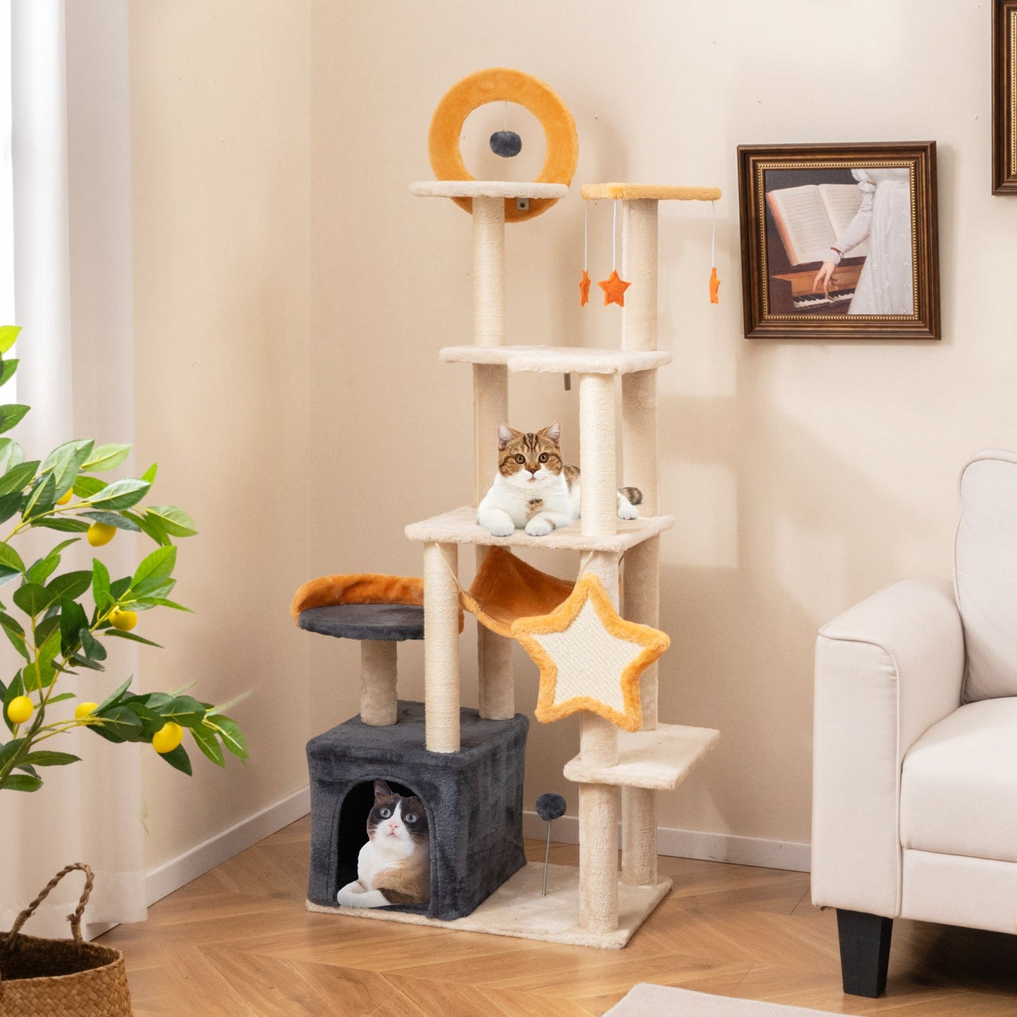 63" Cute Cat Tree for Indoor Cats, Multi-level Cat Tower w/ Sisal Scratching Posts & Board, Condo, Plush Perch & Platforms, Hanging Toys, Spring Ball, Large Kitty Activity Center