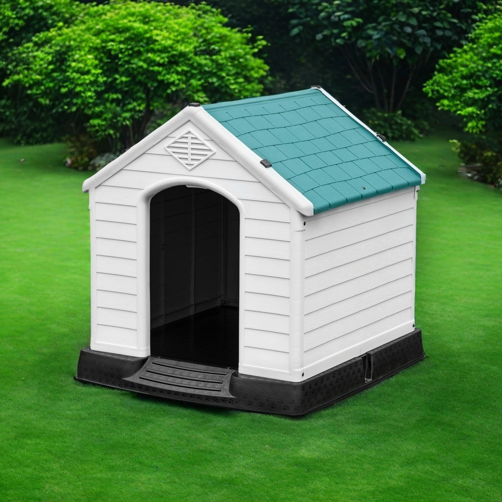 28. 5'' Plastic Dog House Outdoor Indoor Doghouse Puppy Shelter Water Resistant Easy Assembly Sturdy Dog Kennel with Air Vents and Elevated Floor (28. 5''L*26''W*28''H, Blue)