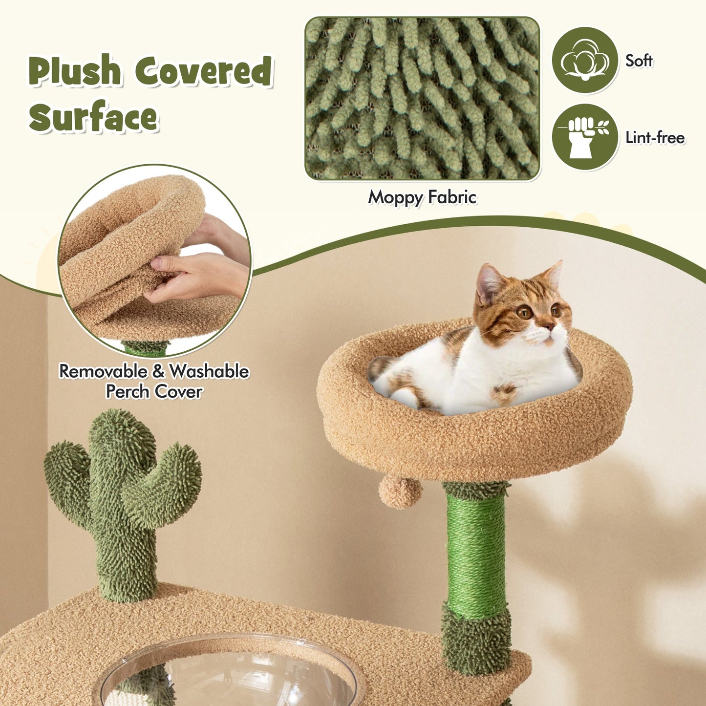 59" Tall Modern Cat Tree, Green Cactus Cat Tower w/ Perch, Condo, Large Bed, Space Capsule, Sisal Scratching Posts & Mat, Self Groomer, Rope, Ball, Multi-Level Activity Tree for Indoor Cats