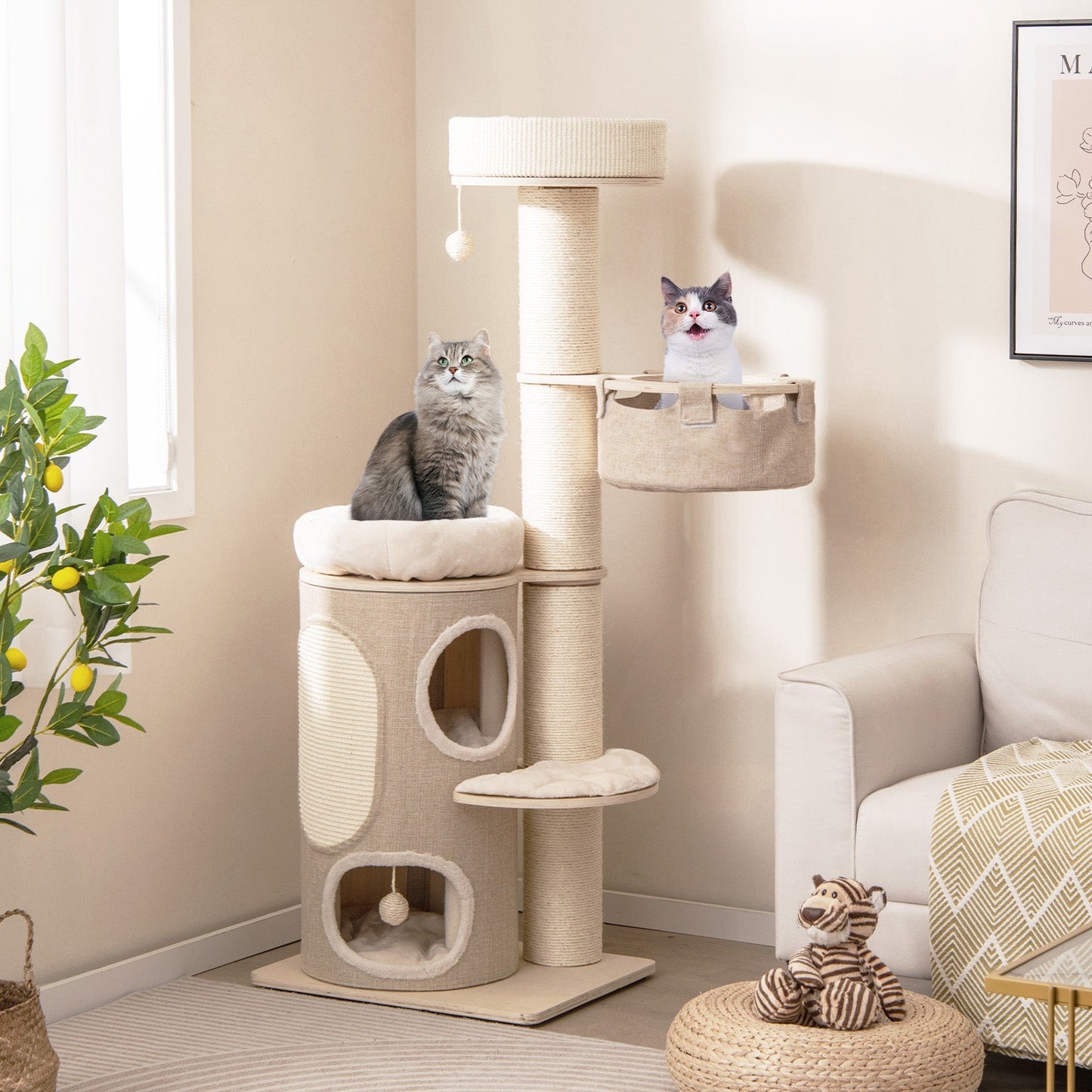 61" Cat Tree for Indoor Cats, Tall Multi-level Cat Tower w/ 2-stoery Condo, Top Perch, Sisal Scratching Posts, Sisal Carpet, Hammock, Dangling Balls, Removable Bed, Modern Kitty Play Center