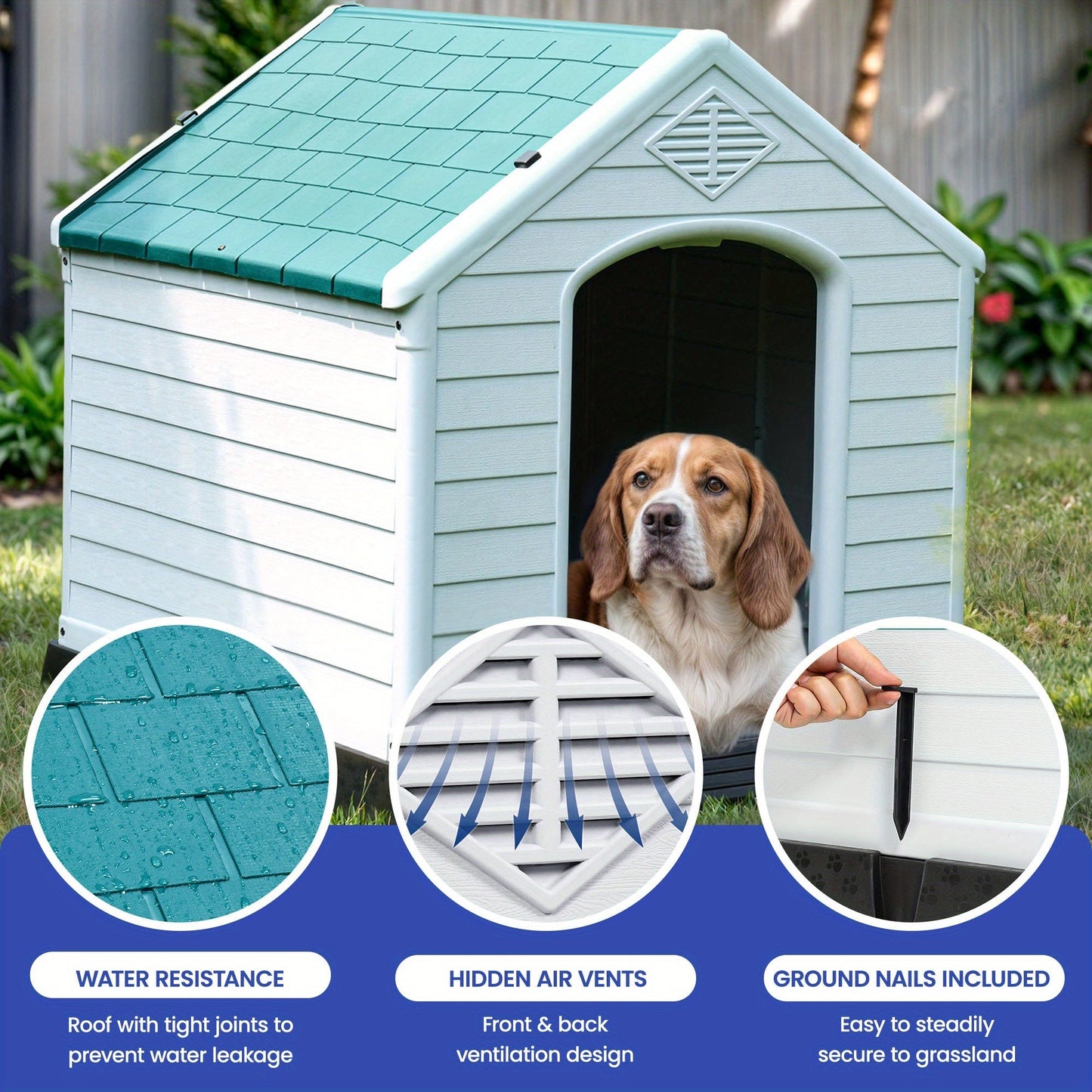 28. 5'' Plastic Dog House Outdoor Indoor Doghouse Puppy Shelter Water Resistant Easy Assembly Sturdy Dog Kennel with Air Vents and Elevated Floor (28. 5''L*26''W*28''H, Blue)