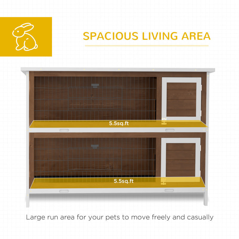 54" 2-Story Large Rabbit Hutch, Wooden Pet House with Synthetic Fiber, Lockable Doors, No Leak Tray, Waterproof Roof for Small Animals, Suitable for Outdoor/Indoor Use