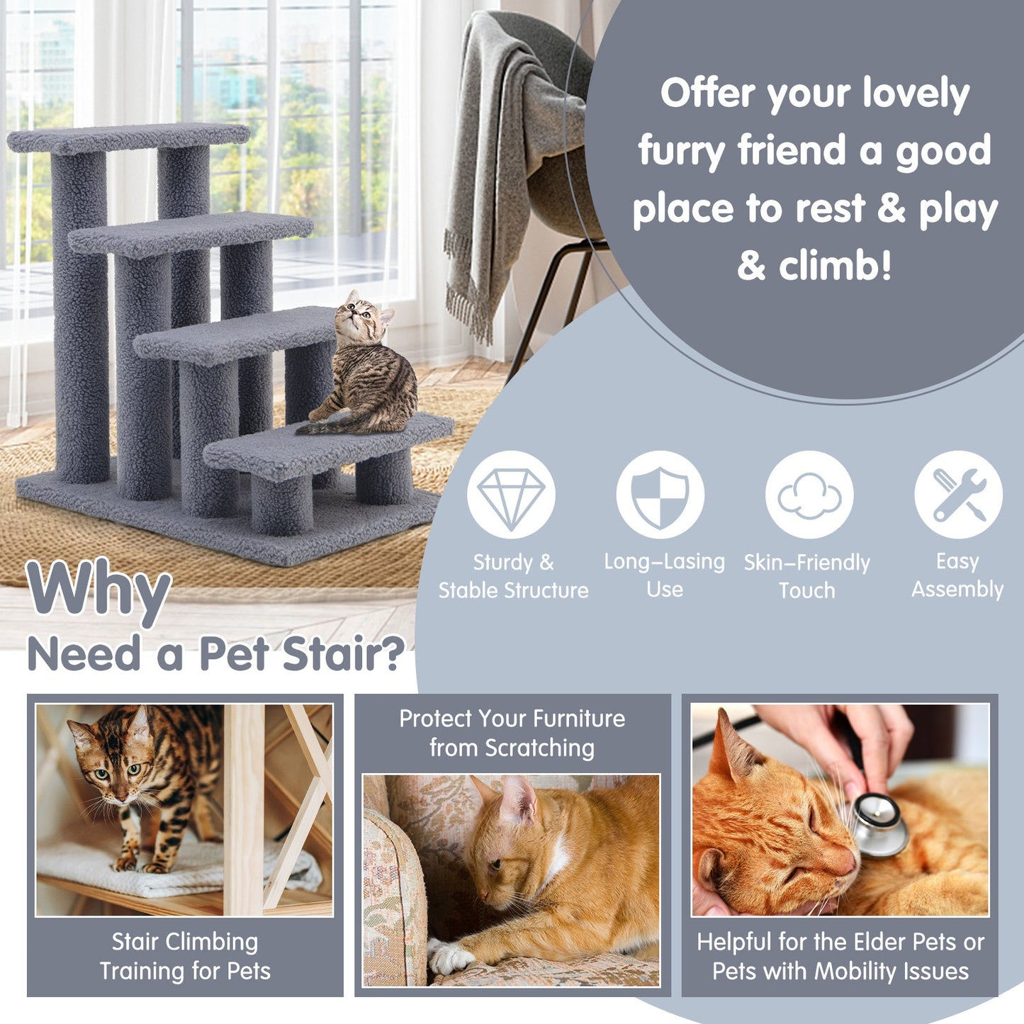 4-Step Pet Stairs for Cats and Dogs, Carpeted Cat Scratching Post Pet Ramp, 24" Indoor Multi-Step Dog Stairs for High Beds, Couch and Sofa, Easy Assembly, Grayish White