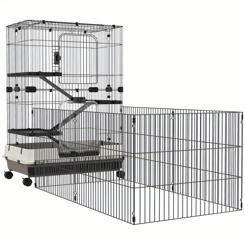 4-Level Small Animal Habitat, Synthetic Fiber, Spacious Portable Cage with Wheels, with Removable Tray Platforms and Ramps, for Chinchilla, Ferret, Bunny, Guinea Pig