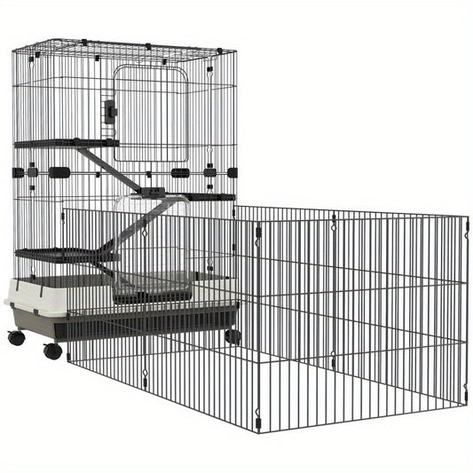 4-Level Small Animal Habitat, Synthetic Fiber, Spacious Portable Cage with Wheels, with Removable Tray Platforms and Ramps, for Chinchilla, Ferret, Bunny, Guinea Pig