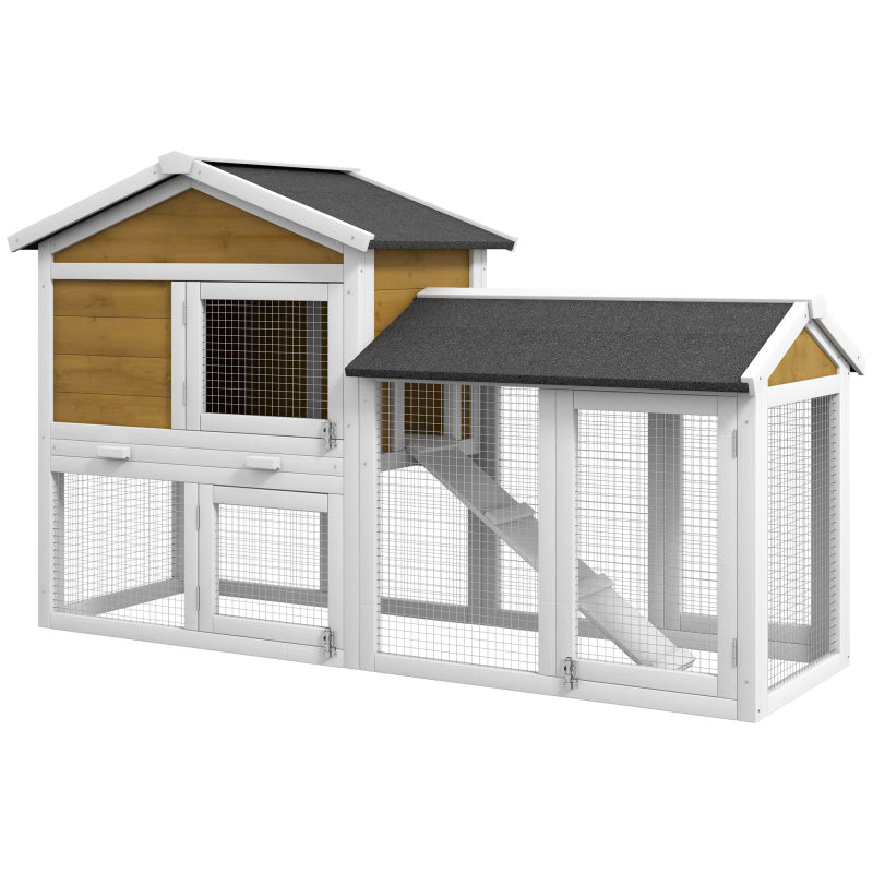 Wooden Rabbit Hutch with Asphalt Roof, 58" Small Animal Enclosure, Guinea Pig Cage with Lockable Doors, Removable Tray, and Run Area, Nature Wood Finish