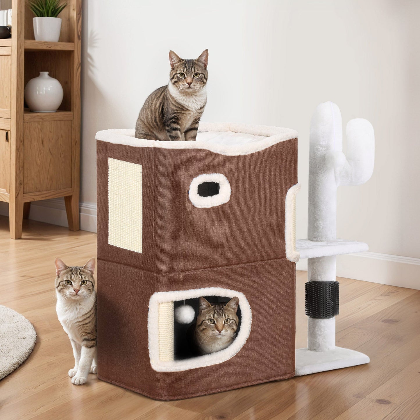 Modern 2- Level Cat Condo with Cactus Scratching Post Cozy Condo & Playful Design