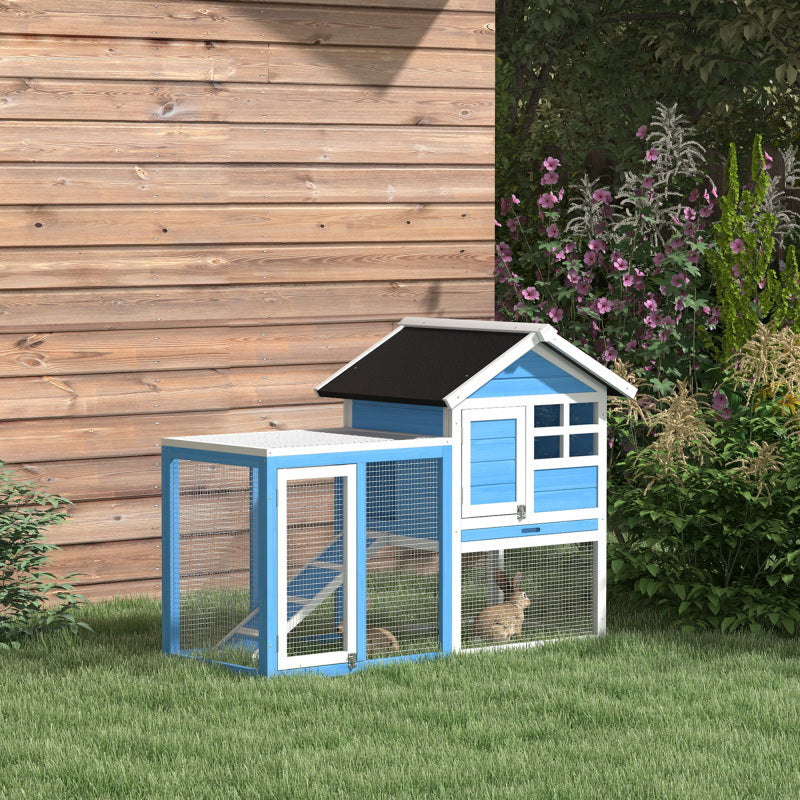 48" Light Blue Wooden Rabbit Hutch with Waterproof Asphalt Roof, Fun Outdoor Run, Removable Tray & Ramp - Ideal for Small Pets