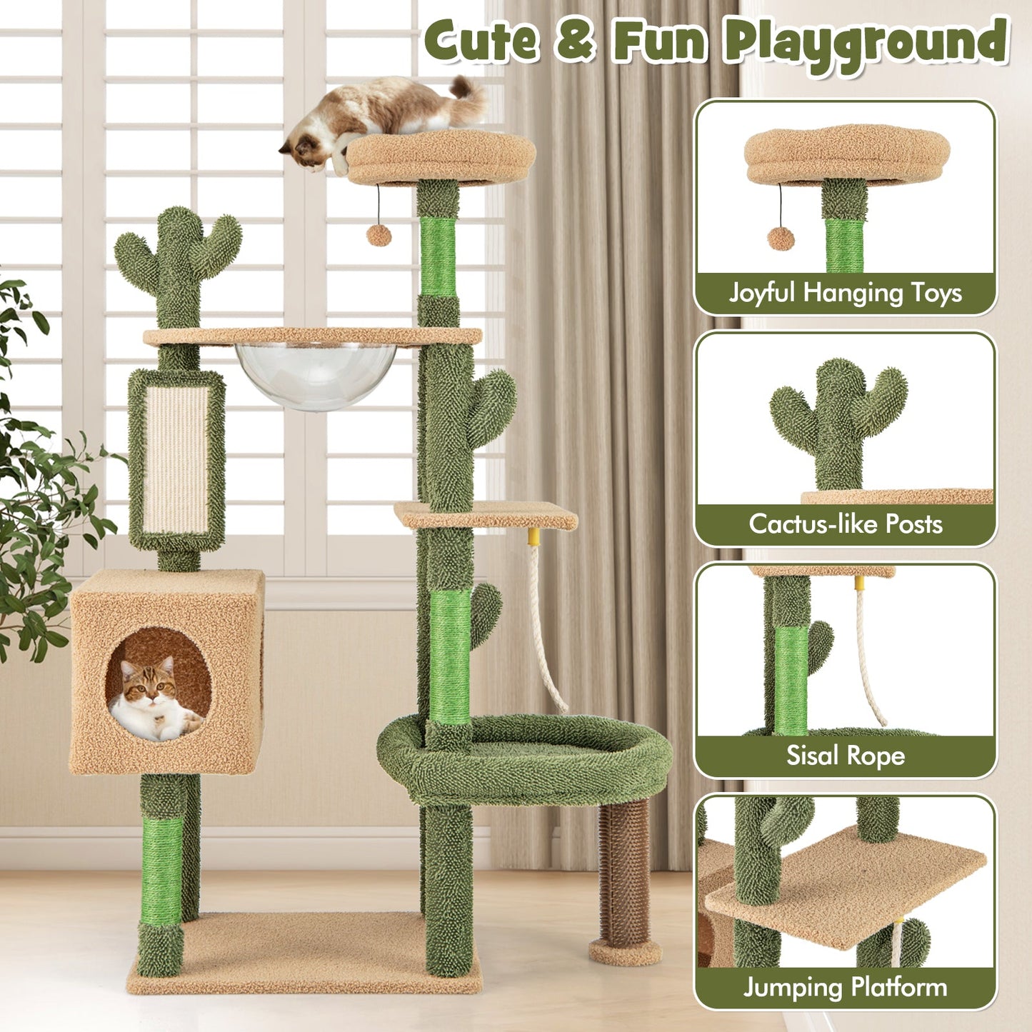 59" Tall Modern Cat Tree, Green Cactus Cat Tower w/ Perch, Condo, Large Bed, Space Capsule, Sisal Scratching Posts & Mat, Self Groomer, Rope, Ball, Multi-Level Activity Tree for Indoor Cats