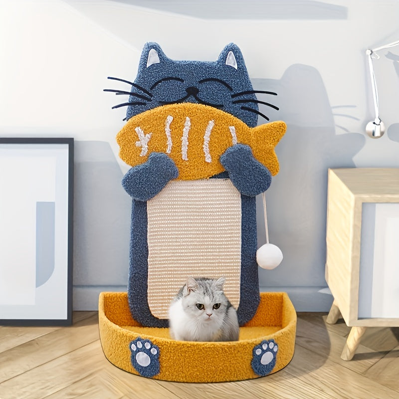 Cat Scratching Post with Fish Climbing Frame, Wall-Mounted Sisal Rope Scratcher and Cozy Bed - Durable Play and Rest Station for Cats with Plush Ball