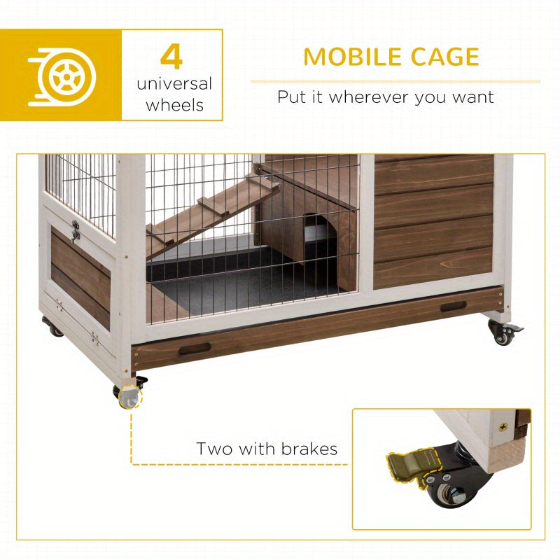 Elevated Wooden Rabbit Hutch with Leak-Proof Tray & Wheels - Indoor/Outdoor Enclosed Run for Guinea Pigs and Small Animals, Brown