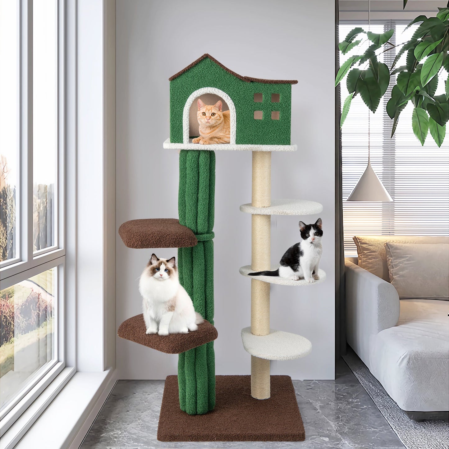 7-Tier Modern Cat Tree Tower for Indoor Cat, 61"/153 CM Tall Cat Climbing Stand w/ Sisal Scratching Posts, Top Cat Condo, Soft Mohair Plush Fabric, Cat Entertainment Furniture for Kitten & Adult Cat