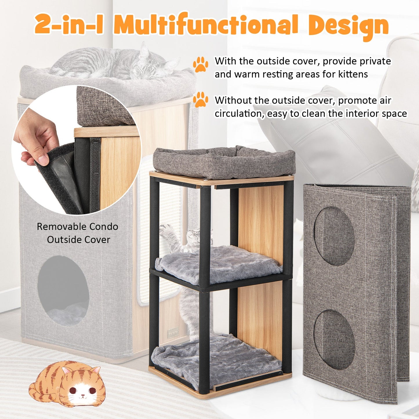 3-Story Cat House, Barrel-shaped Cat Condo w/ Soft Padded Top Perch & 2 Cat Caves, Multi-layer Cat Bed w/ Scratching Board, Removable Cushions & Outside Cover for Indoor Cats Kittens