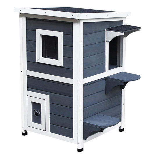 Weatherproof 2-Story Outdoor Cat House with Escape Door - Durable Wooden Feral Shelter, Asphalt Roof, Dark Gray