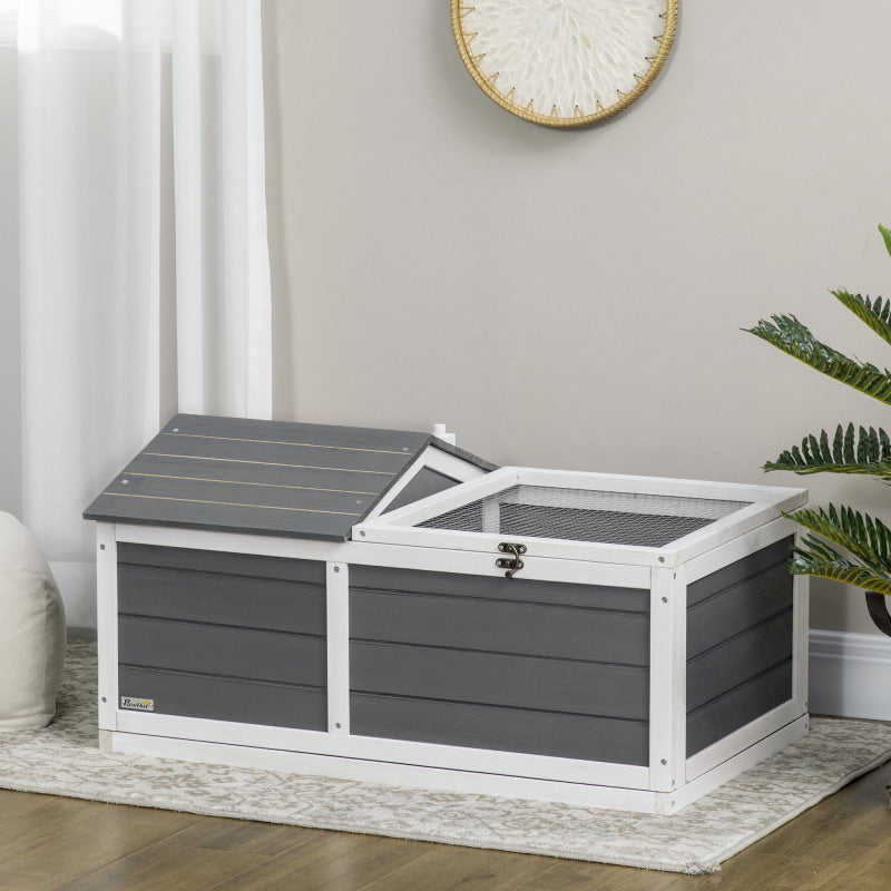 34" Gray Wooden Tortoise Habitat with Hide Shelter & Openable Top - Indoor/Outdoor Enclosure for Small Pets