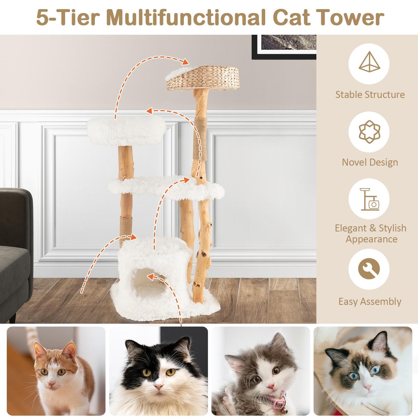 49" Multi-Layer Cat Tree, Solid Wood Cat Tower w/ Top Cattail Basket Cat Bed, Side Perch, Large Platform & Cat Condo, Natural Branch Cat Activity Center w/ Jute Scratching Posts for Indoor Cats