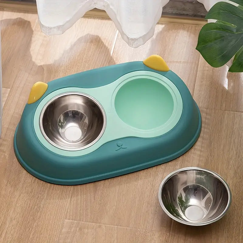 15-Degree Tilted Stainless Steel Double Pet Bowls with Cartoon Cat Ear Design - Non-Slip, Easy Clean Feeding Station for Dogs & Cats