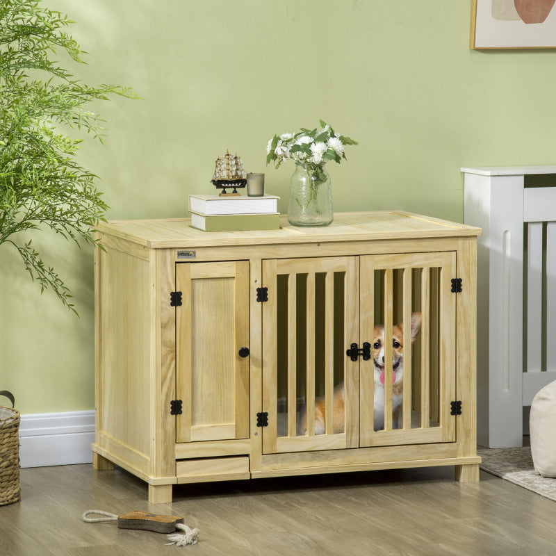 Wooden Dog Crate with Hidden Food Drawer - Cozy End Table Design for Small Breeds, Includes Cushion & Double Doors