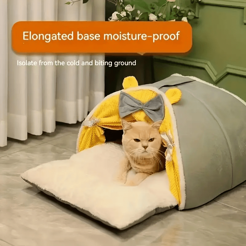 style plus pp cotton with gray bow, full and comfortable semi-enclosed cat bed - thickened warm winter tent with non-slip cushion and removable pad, dedicated for deep sleep (with 2 toy balls)