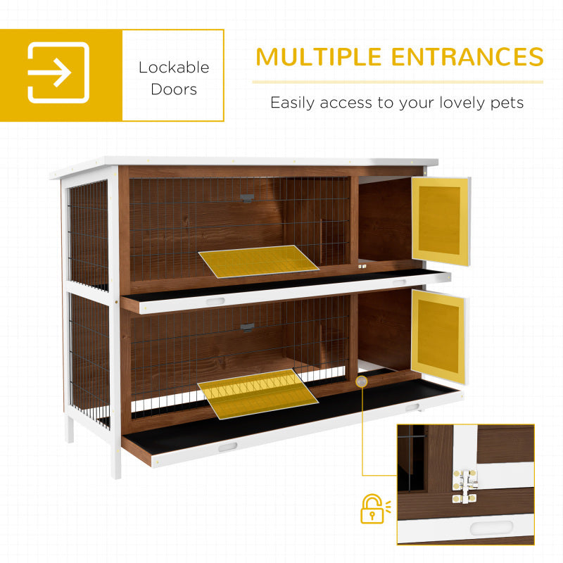 54" 2-Story Large Rabbit Hutch, Wooden Pet House with Synthetic Fiber, Lockable Doors, No Leak Tray, Waterproof Roof for Small Animals, Suitable for Outdoor/Indoor Use