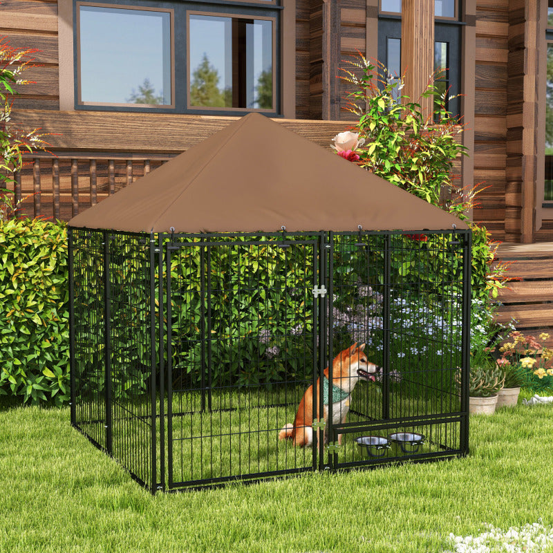 Deluxe 4.6' x 5' Outdoor Dog Kennel with Canopy - Durable Synthetic Fiber, Rotating Bowl Included, Perfect for Small Pets