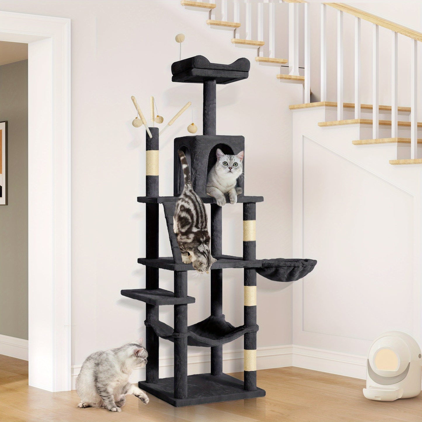 64. 5" Cat Tree, Multi- Level Cat House, Large Cat Condo Furniture with Perch Hammock, Scratching Posts and Dangling Balls for Kittens, Cats and Pets