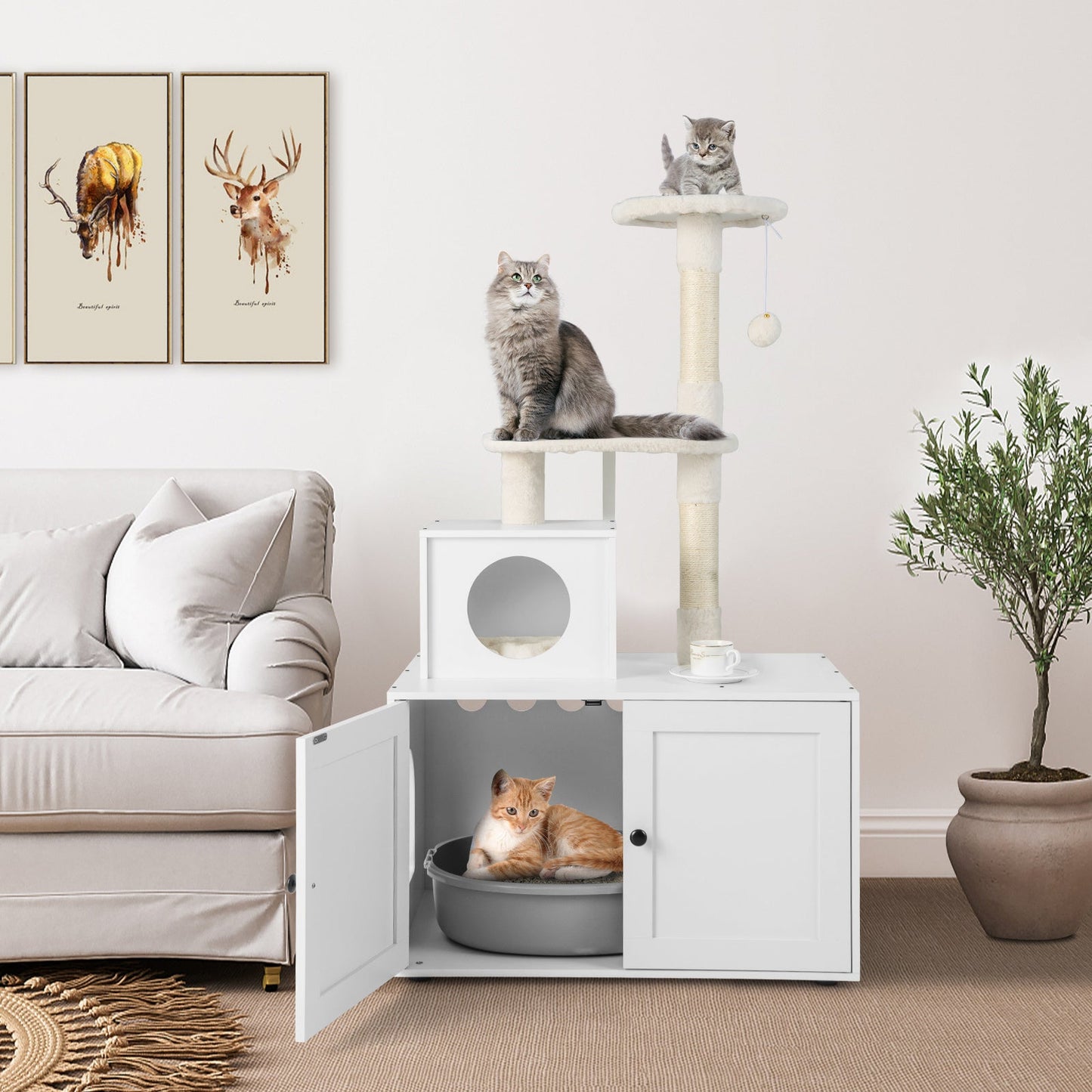 Cat Litter Box Enclosure for Indoors, Enlarged Cat Litter Cabinet with Sisal Scratching Post, Condo & 2 Platforms, Hidden Cat Washroom Furniture with Anti-Tipping Kits, Plush Bell Ball & Divider