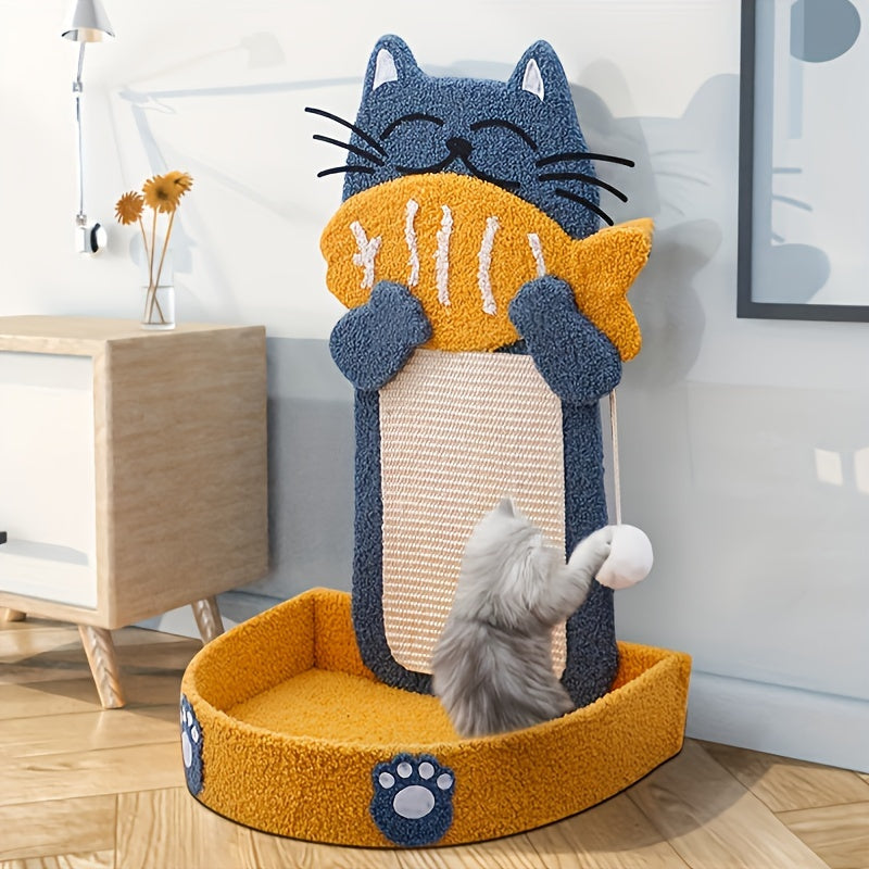 Cat Scratching Post with Fish Climbing Frame, Wall-Mounted Sisal Rope Scratcher and Cozy Bed - Durable Play and Rest Station for Cats with Plush Ball