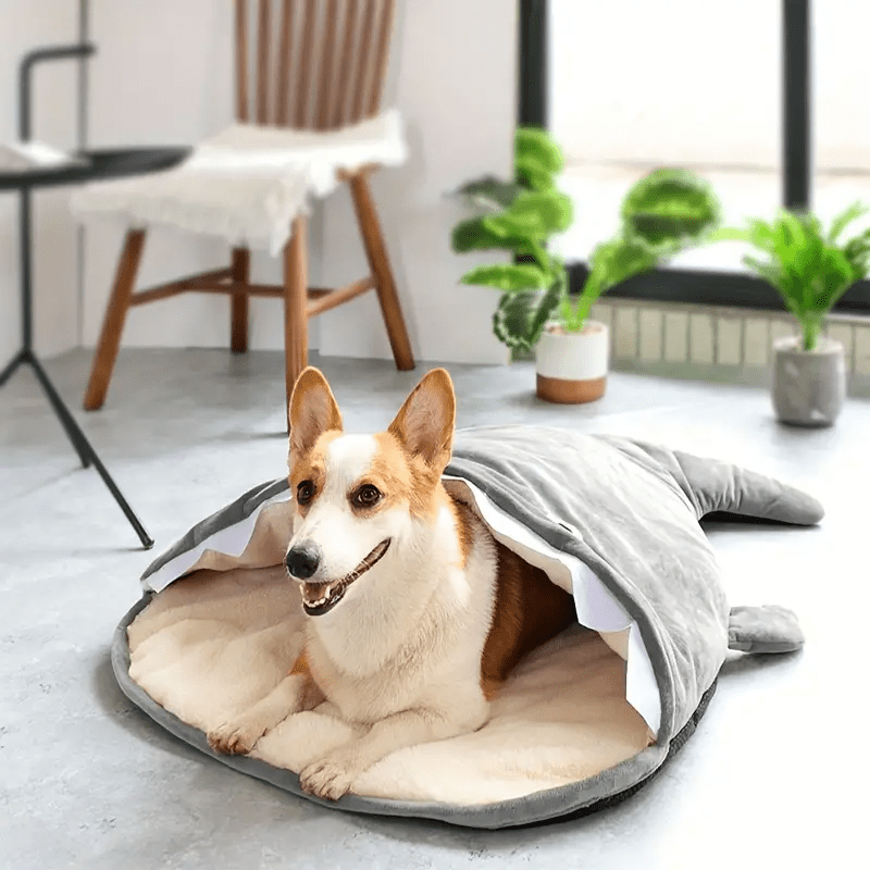 Cozy Shark-Shaped Pet Bed for Small Dogs & Cats - Anti-Slip, Thickened Winter Warmth Dog & Cat Sleeping Bag with Plush Cushion Mat, Polyester, Ideal for Small Breeds - Gray