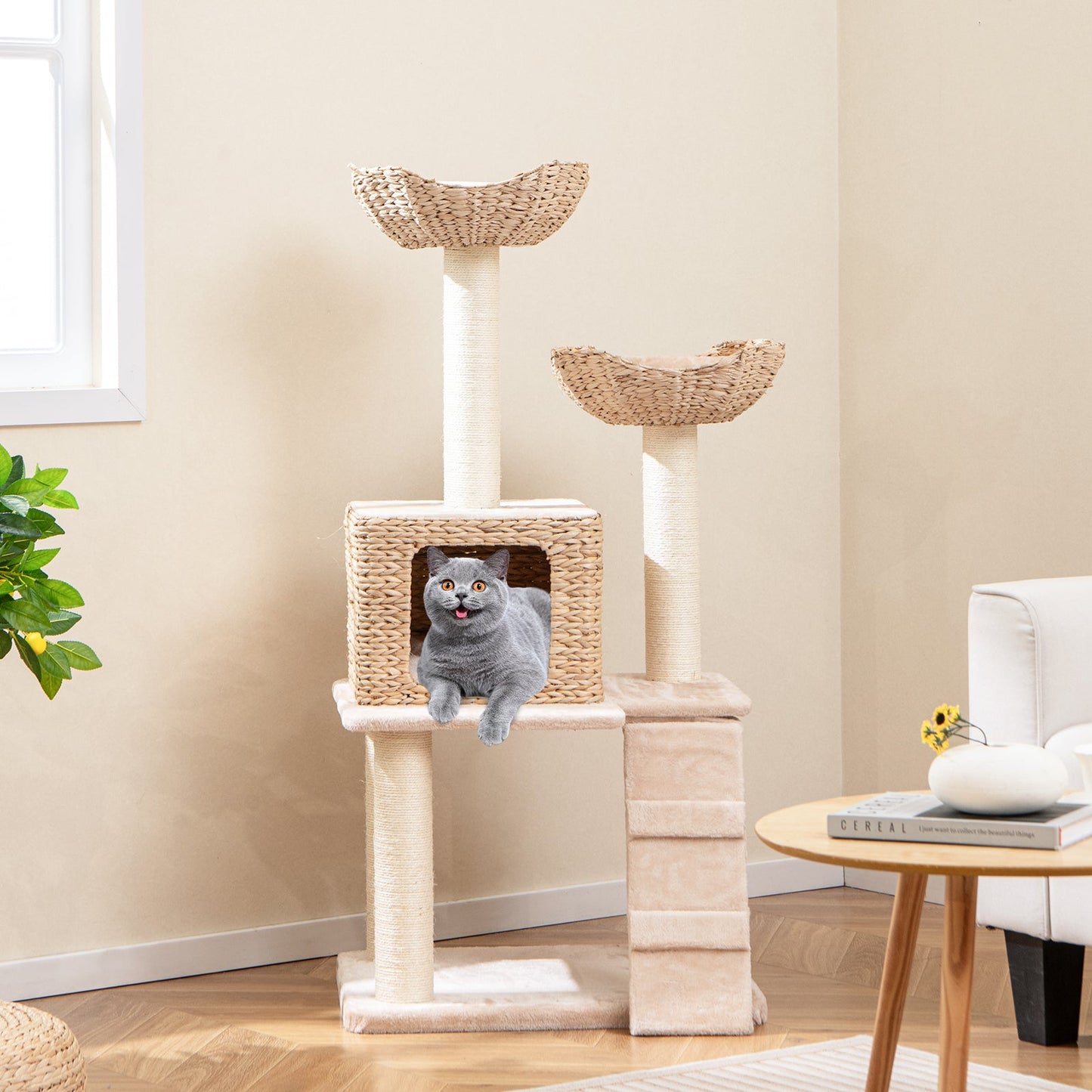 Cat Tree, 48" Cattail Cat Tower w/ Sisal Scratching Posts, Perch, Condo, Basket Bed, Ladder, Washable Cushions, 4-Layer Cat Activity Center, Climbing Furniture for Indoor Kittens & Adult Cats