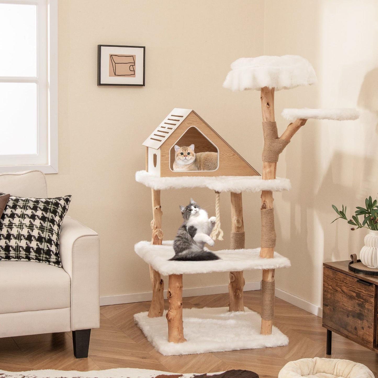 60" Tall Solid Wood Cat Tree, Modern Wooden Cat Tower w/ 2 Perches, Condo, Jute Scratching Posts, Sisal Rope, Soft Long Plush, 5-Layer Activity Center, Indoor Cat & Kitten Climbing Furniture