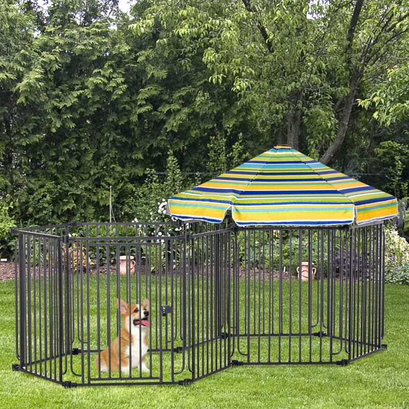 Dog Playpen with Removable Synthetic Fiber Canopy, Indoor/Outdoor Metal Fence, 47" Tall, with Door for Small to Medium Pets