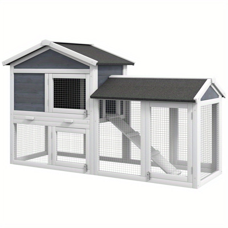 58" Wooden Rabbit Hutch, Small Animal Enclosure with Removable Tray, Asphalt Roof, Lockable Doors, and Ramp, Gray Guinea Pig Cage with Run Area