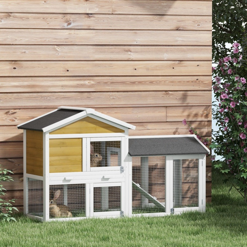 Wooden Rabbit Hutch with Asphalt Roof, 58" Small Animal Enclosure, Guinea Pig Cage with Lockable Doors, Removable Tray, and Run Area, Nature Wood Finish