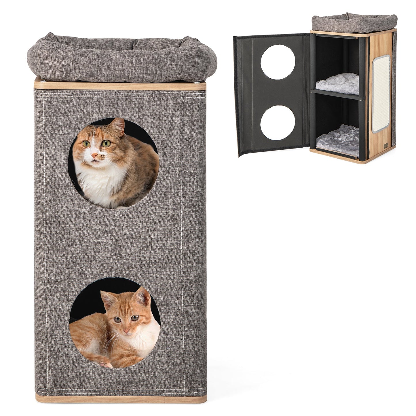 3-Story Cat House, Barrel-shaped Cat Condo w/ Soft Padded Top Perch & 2 Cat Caves, Multi-layer Cat Bed w/ Scratching Board, Removable Cushions & Outside Cover for Indoor Cats Kittens